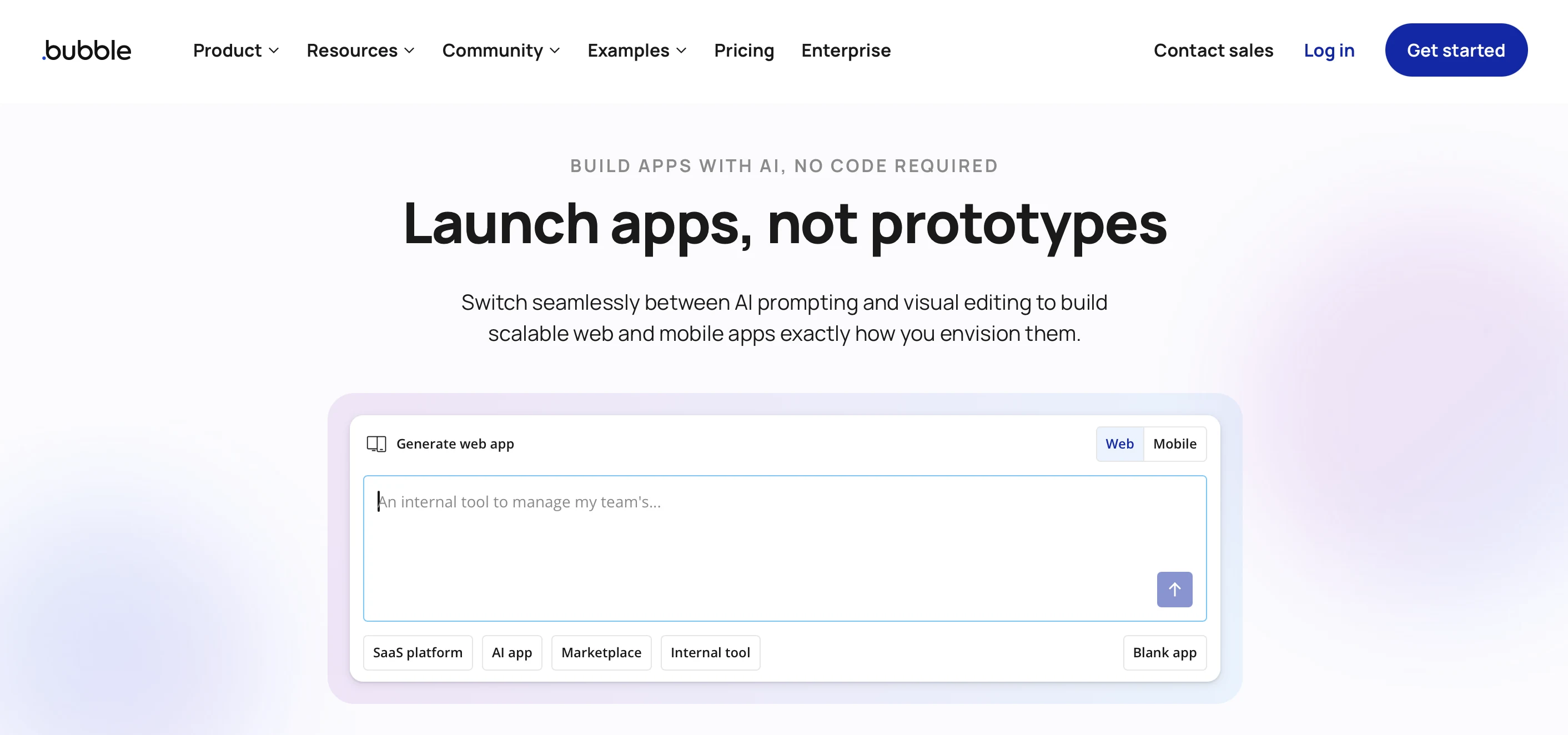 Bubble's landing page - generate the app with AI