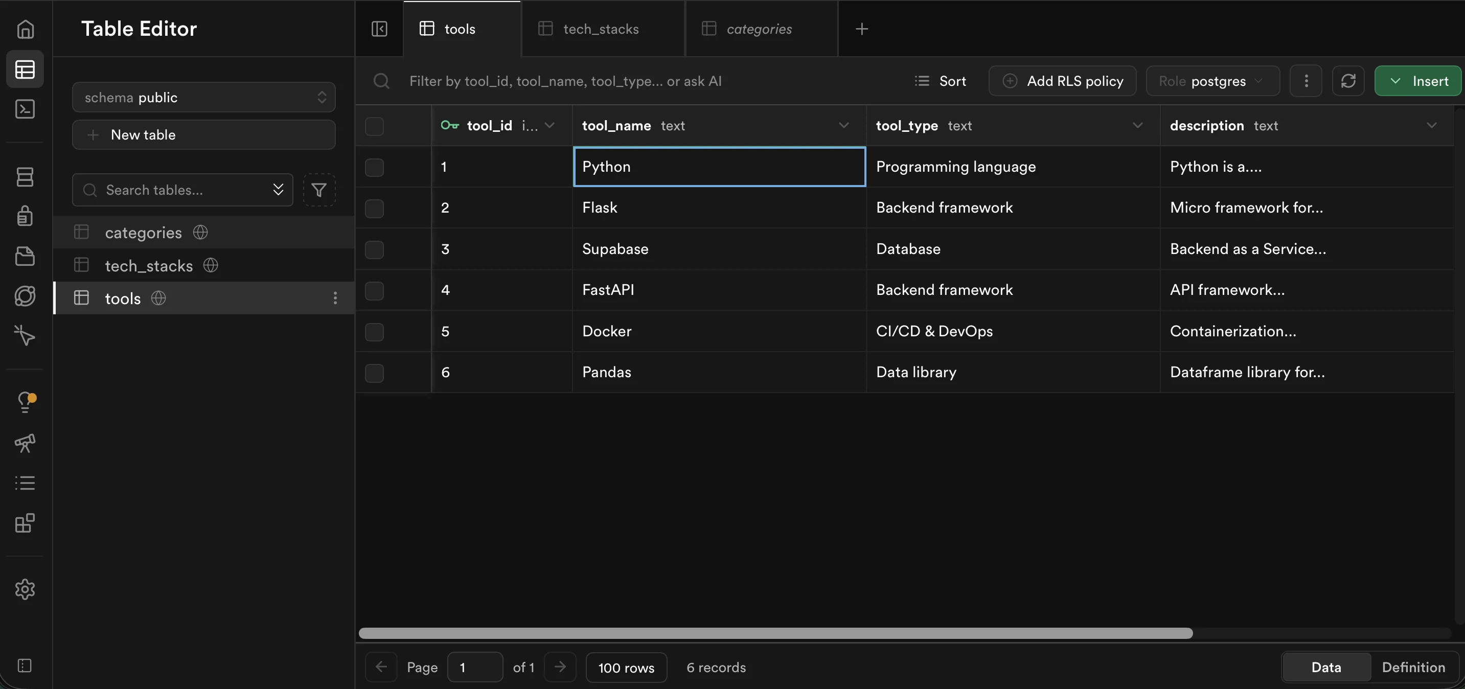 Supabase UI - Table editor